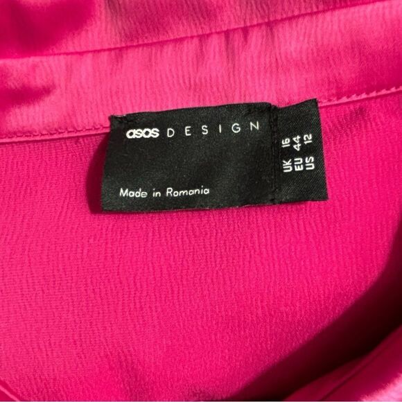 ASOS DESIGN Hot Pink Satin Shirt Dress Shoulder Pads NWOT Size 12  4 0438 - Picture 4 of 11